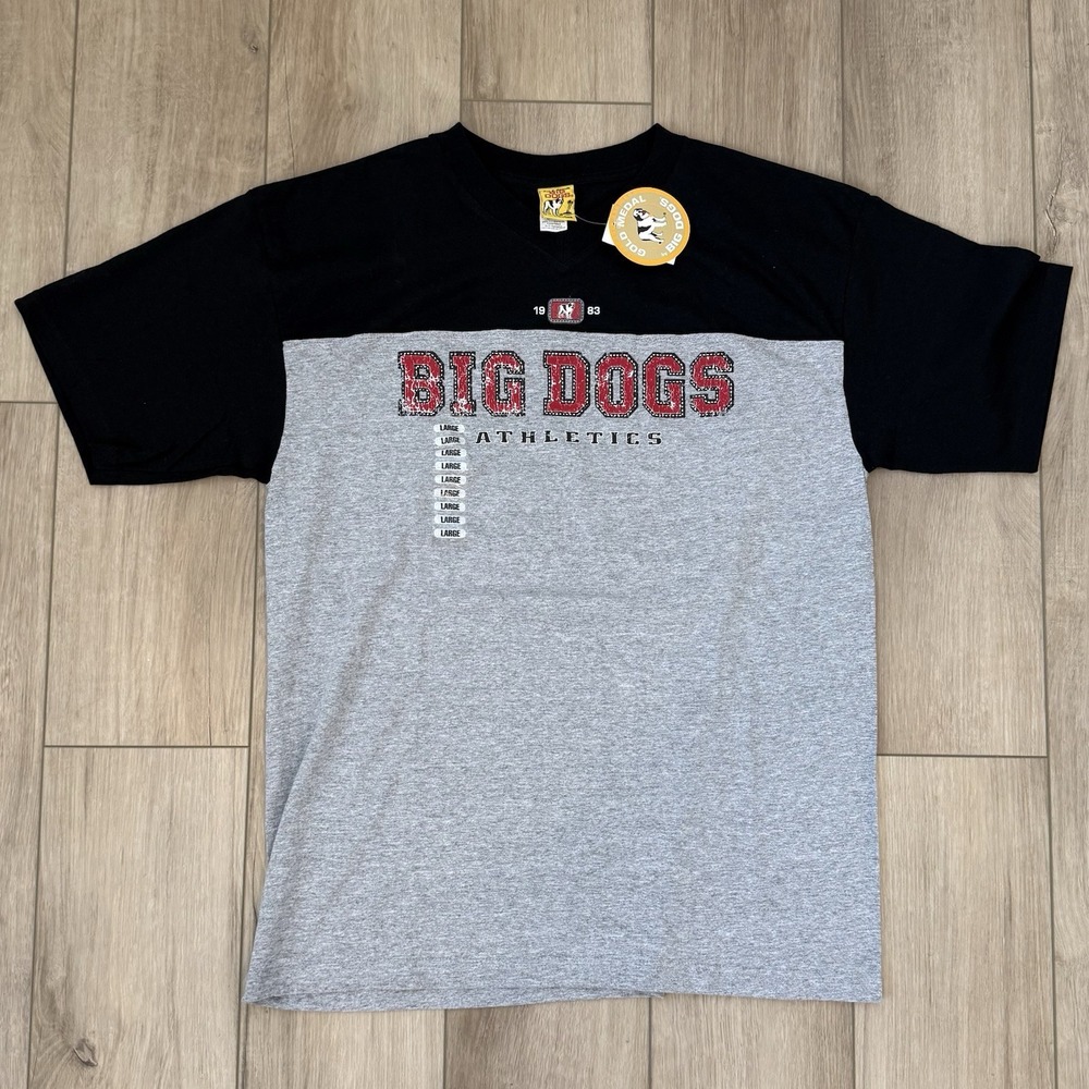 Vintage Big Dogs Athletics Grey T-Shirt V-Neck Mens Size Large Tee Y2K VTG
